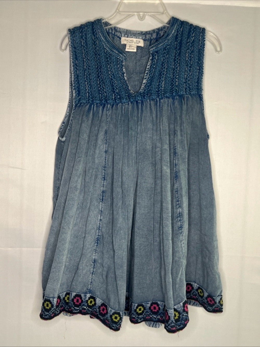 Rachel Zoe Washed Indigo Embroidered Sleeveless Tank